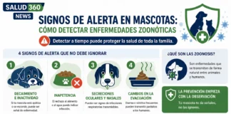 Signos de Alerta en Mascotas: Prevención de Zoonosis Infografía médica de Salud 360 sobre signos de alerta en mascotas para prevención de zoonosis y salud respiratoria.