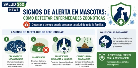 Infografía médica de Salud 360 sobre signos de alerta en mascotas para prevención de zoonosis y salud respiratoria.