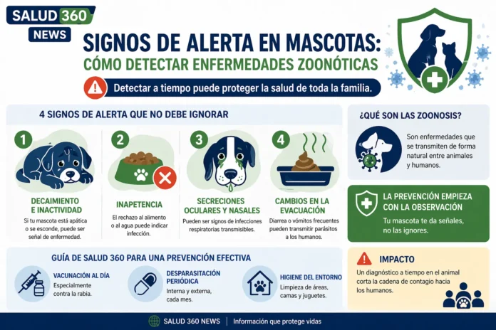 Infografía médica de Salud 360 sobre signos de alerta en mascotas para prevención de zoonosis y salud respiratoria.