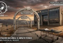 Daniel Quintero a la Supersalud: Análisis de Riesgo para el Sistema Médico Representación visual de la crisis sistémica en salud: Edificio de la Supersalud y Nueva EPS en un entorno de riesgo operativo, simbolizando el impacto técnico de las intervenciones administrativas en la seguridad del paciente.