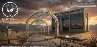 Daniel Quintero a la Supersalud: Análisis de Riesgo para el Sistema Médico Representación visual de la crisis sistémica en salud: Edificio de la Supersalud y Nueva EPS en un entorno de riesgo operativo, simbolizando el impacto técnico de las intervenciones administrativas en la seguridad del paciente.