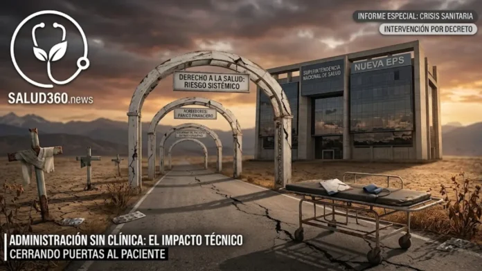 Representación visual de la crisis sistémica en salud: Edificio de la Supersalud y Nueva EPS en un entorno de riesgo operativo, simbolizando el impacto técnico de las intervenciones administrativas en la seguridad del paciente.