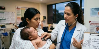 Diferencias entre VSR, Covid y resfriado en recién nacidos (Guía) Médico pediatra evaluando la respiración de un recién nacido en urgencias debido al brote de Virus Sincitial Respiratorio.