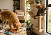 Enriquecimiento Ambiental para Mascotas: Adiós al Estrés Perro y gato utilizando juguetes interactivos de enriquecimiento ambiental en un apartamento moderno para reducir el estrés.