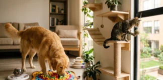 Enriquecimiento Ambiental para Mascotas: Adiós al Estrés Perro y gato utilizando juguetes interactivos de enriquecimiento ambiental en un apartamento moderno para reducir el estrés.