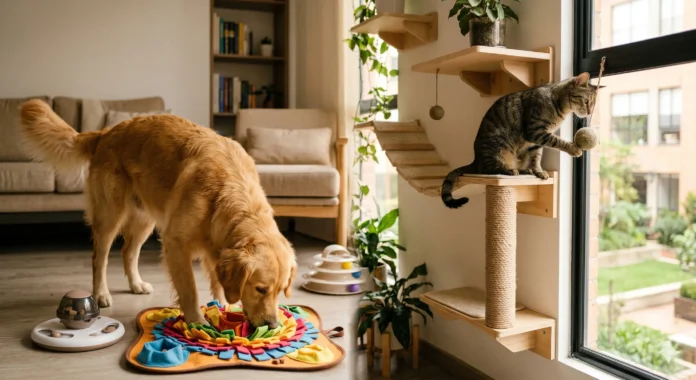 Perro y gato utilizando juguetes interactivos de enriquecimiento ambiental en un apartamento moderno para reducir el estrés.