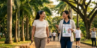 Entrenamiento Zona Cero: Qué es y por qué es mejor (Guía Fácil) Una mujer caminando con su perro golden retriever por un parque mientras conversa con una profesional de la salud, quien le explica con una gráfica los beneficios del ejercicio suave para el corazón.