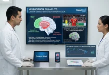 Luis Díaz semifinal Champions 2026: Su cerebro ante el PSG Infografía de Salud 360 News analizando la neurociencia aplicada de Luis Díaz en la semifinal de la Champions 2026, mostrando el 'Estado de Flow' y la gestión del cortisol para un 30% más de precisión técnica.