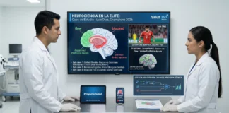 Luis Díaz semifinal Champions 2026: Su cerebro ante el PSG Infografía de Salud 360 News analizando la neurociencia aplicada de Luis Díaz en la semifinal de la Champions 2026, mostrando el 'Estado de Flow' y la gestión del cortisol para un 30% más de precisión técnica.