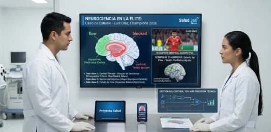 Infografía de Salud 360 News analizando la neurociencia aplicada de Luis Díaz en la semifinal de la Champions 2026, mostrando el 'Estado de Flow' y la gestión del cortisol para un 30% más de precisión técnica.