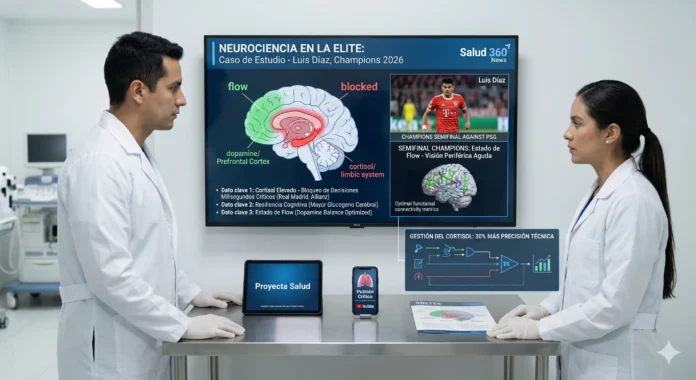 Infografía de Salud 360 News analizando la neurociencia aplicada de Luis Díaz en la semifinal de la Champions 2026, mostrando el 'Estado de Flow' y la gestión del cortisol para un 30% más de precisión técnica.