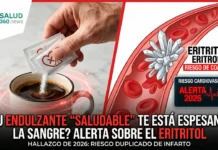 ¿Tu endulzante “saludable” te está espesando la sangre? La nueva alerta que debes conocer Infografía de Salud 360 que muestra una mano endulzando un café y una representación médica de cristales de eritronato obstruyendo el flujo sanguíneo en una arteria.