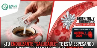 ¿Tu endulzante “saludable” te está espesando la sangre? La nueva alerta que debes conocer Infografía de Salud 360 que muestra una mano endulzando un café y una representación médica de cristales de eritronato obstruyendo el flujo sanguíneo en una arteria.