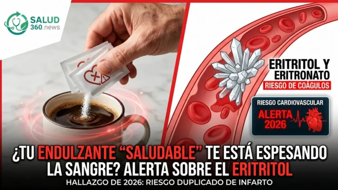 Infografía de Salud 360 que muestra una mano endulzando un café y una representación médica de cristales de eritronato obstruyendo el flujo sanguíneo en una arteria.