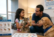 Enfermedades transmitidas entre humanos y mascotas: Prevención y Guía Veterinario examinando a un perro en un entorno clínico destacando la prevención de zoonosis.