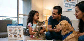 Enfermedades transmitidas entre humanos y mascotas: Prevención y Guía Veterinario examinando a un perro en un entorno clínico destacando la prevención de zoonosis.