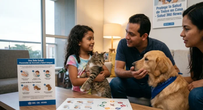 Veterinario examinando a un perro en un entorno clínico destacando la prevención de zoonosis.