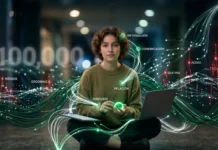 Impacto de la tecnología en la adolescencia: Estudio TRIC 2026. Grupo de adolescentes interactuando con dispositivos móviles bajo supervisión educativa.