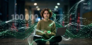 Impacto de la tecnología en la adolescencia: Estudio TRIC 2026. Grupo de adolescentes interactuando con dispositivos móviles bajo supervisión educativa.