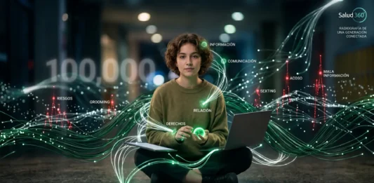 Grupo de adolescentes interactuando con dispositivos móviles bajo supervisión educativa.