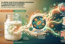 El kéfir: qué es y sus beneficios de salud y nutrición integral Bebida de kéfir con nódulos fermentados destacando su potencia probiótica.