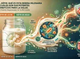Bebida de kéfir con nódulos fermentados destacando su potencia probiótica.