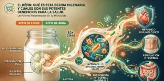 El kéfir: qué es y sus beneficios de salud y nutrición integral Bebida de kéfir con nódulos fermentados destacando su potencia probiótica.