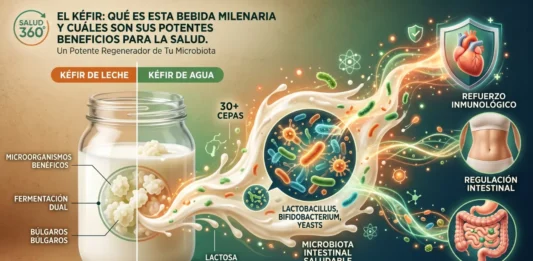 Bebida de kéfir con nódulos fermentados destacando su potencia probiótica.