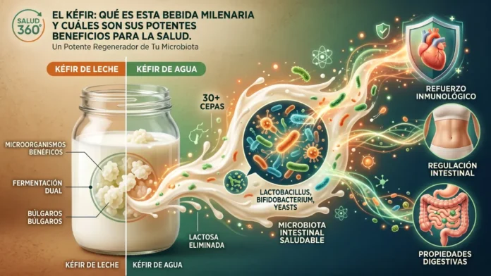 Bebida de kéfir con nódulos fermentados destacando su potencia probiótica.