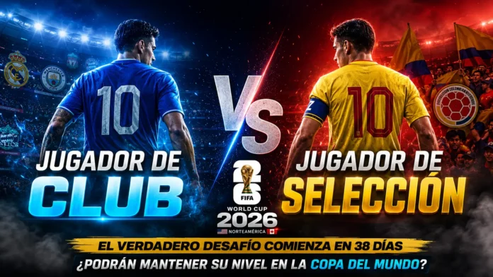 Ilustración médica y deportiva sobre el rendimiento y desgaste físico de un futbolista en club versus selección nacional para el Mundial 2026.