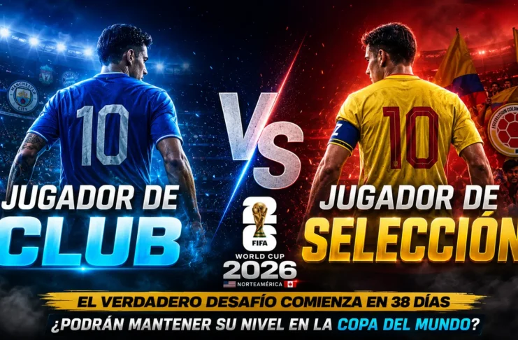 Ilustración médica y deportiva sobre el rendimiento y desgaste físico de un futbolista en club versus selección nacional para el Mundial 2026.