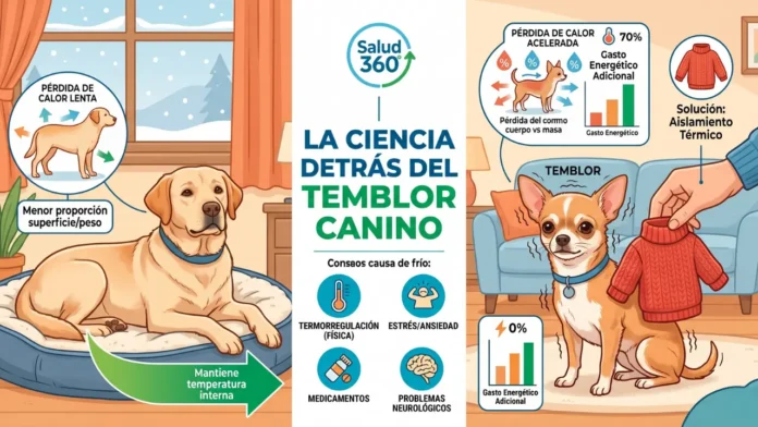 Perro de raza pequeña temblando en el interior de una casa por pérdida de calor.