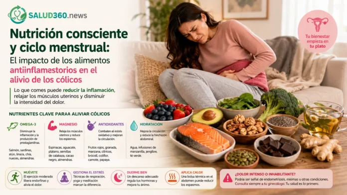Variedad de alimentos antiinflamatorios recomendados en una dieta para aliviar los cólicos menstruales de forma natural.