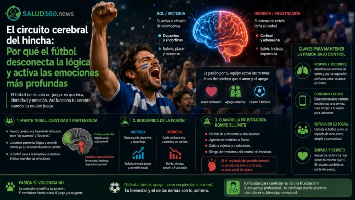 Aficionados experimentando intensas respuestas emocionales durante un partido de fútbol, reflejando el impacto de la amígdala cerebral.