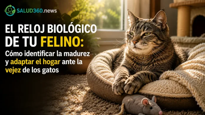 Gato senior descansando plácidamente en un entorno doméstico adaptado a nivel del suelo para mitigar dolores de la vejez.