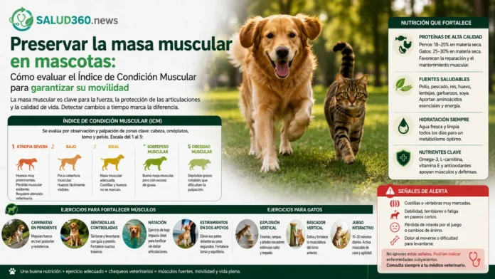 Veterinario evaluando la firmeza y la masa muscular en mascotas mediante palpación en la zona de los omóplatos y lomo.