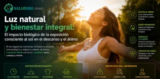 Beneficios de la luz natural en la salud: Descanso y Ánimo | Salud 360 Persona recibiendo luz natural de la mañana al aire libre para regular su reloj biológico y favorecer la síntesis de vitamina D.