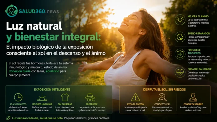 Persona recibiendo luz natural de la mañana al aire libre para regular su reloj biológico y favorecer la síntesis de vitamina D.