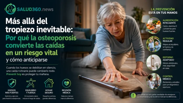 Adulto mayor realizando ejercicios de equilibrio supervisados para mitigar el riesgo de sufrir accidentes y fracturas por osteoporosis.