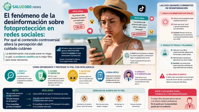 Pantalla de dispositivo móvil mostrando videos de tendencias sobre fotoprotección en contraste con la evidencia de la dermatología clínica.