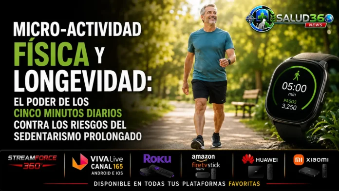 Persona interrumpiendo el sedentarismo en su oficina para realizar estiramientos y cumplir el tiempo de actividad diaria para reducir la mortalidad.