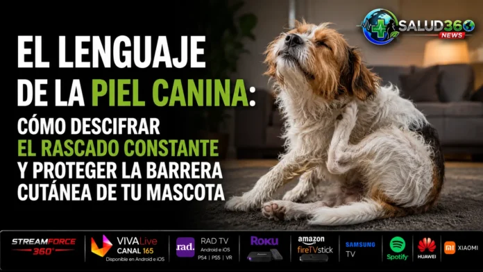 Perro rascándose la oreja de forma constante debido a síntomas de picazón asociados a dermatitis o problemas de alergias en la piel.