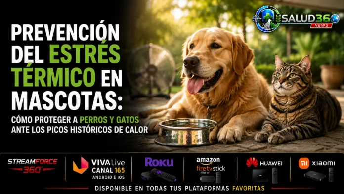 Perro recibiendo agua fresca a la sombra para mitigar el estrés térmico y prevenir un golpe de calor en mascotas por altas temperaturas.